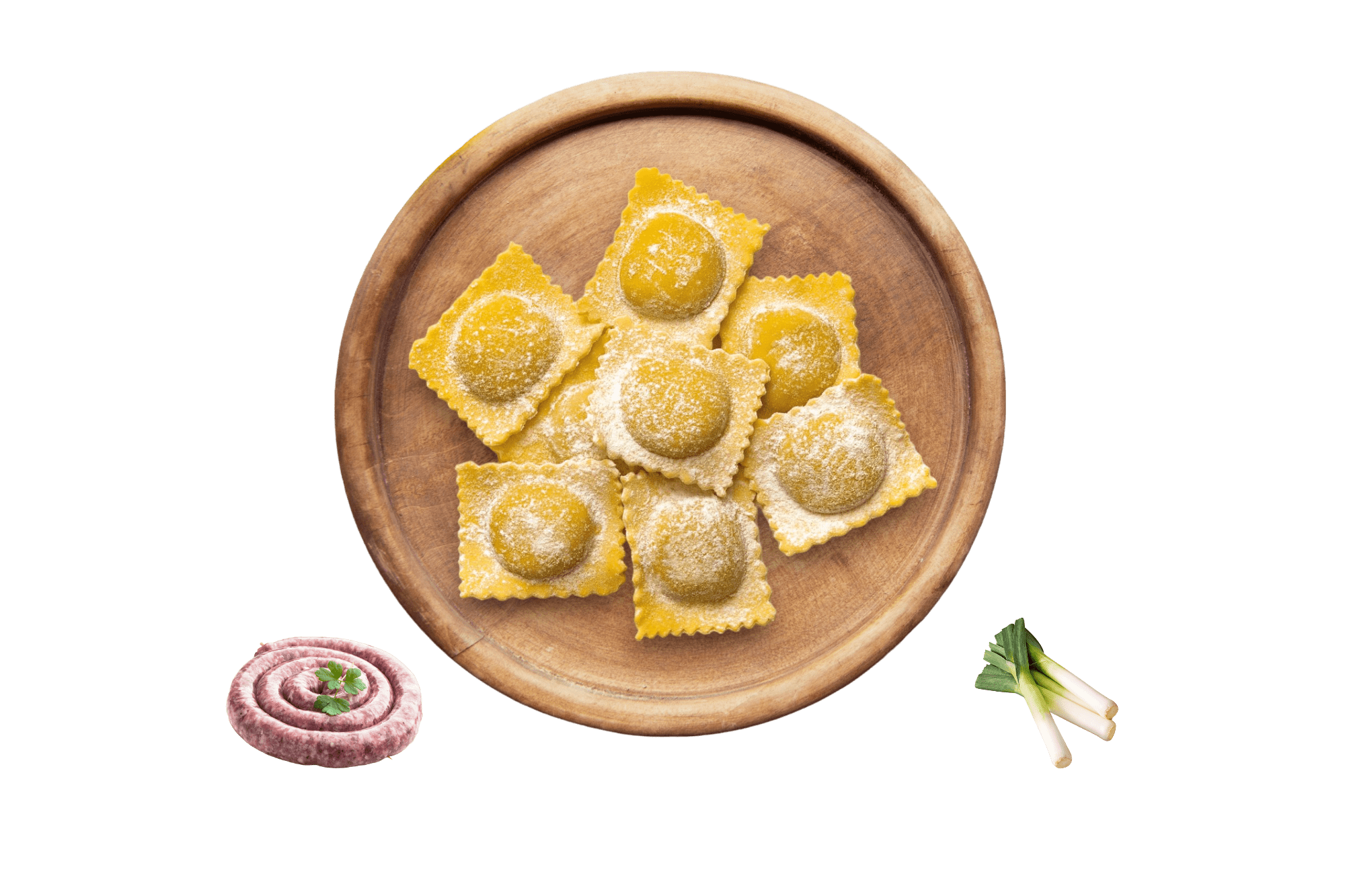 Ravioloni freschi ripieni di salsiccia e porri